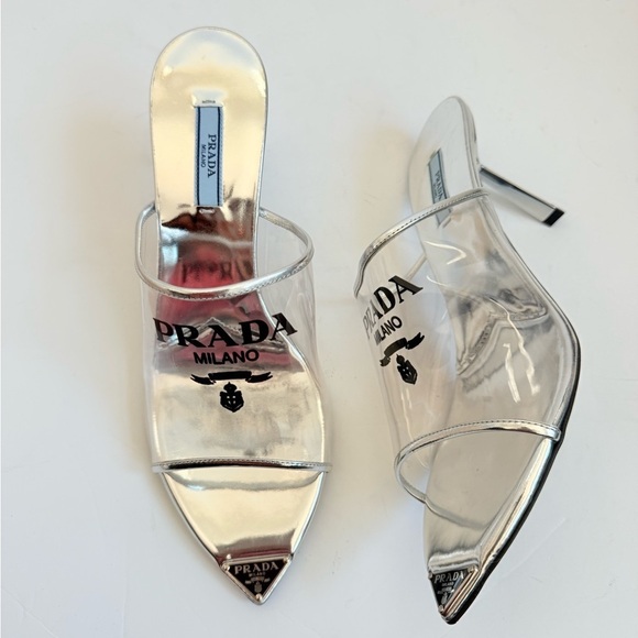Prada Metallic silver leather logo print Pexiglas high heel slide sandals EU40.5 - Picture 6 of 15